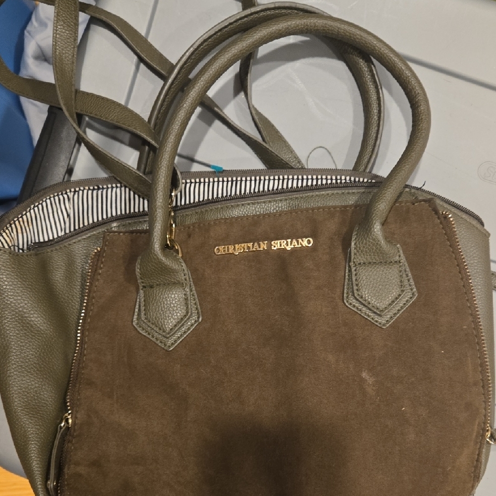 Christian Siriano Green and Brown Satchel with Structured Handles